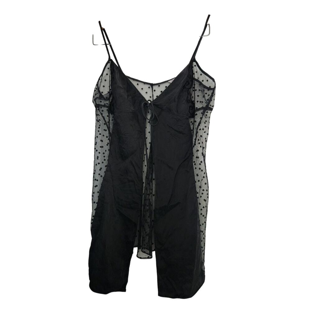 Victoria’s Secret Black polka dot silk flower tie front L negligee